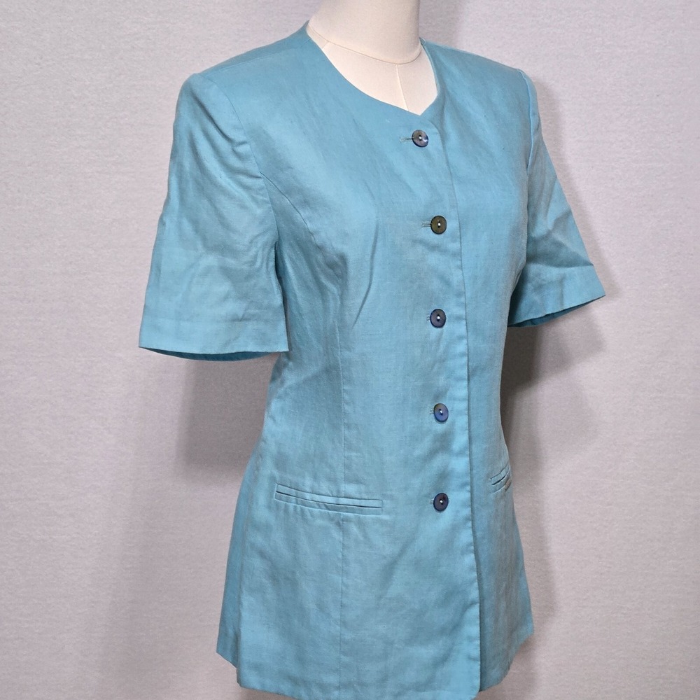 Geiger Womens Jacket Size 40 Blue Linen Short‎ Sleeve Button Front Pocket